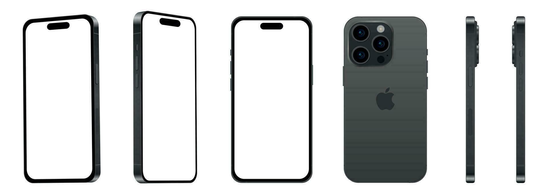 uppsättning av 6 st annorlunda vinklar, svart titan äpple iphone 15 proffs smartphone, attrapp för webb design på vit bakgrund vektor