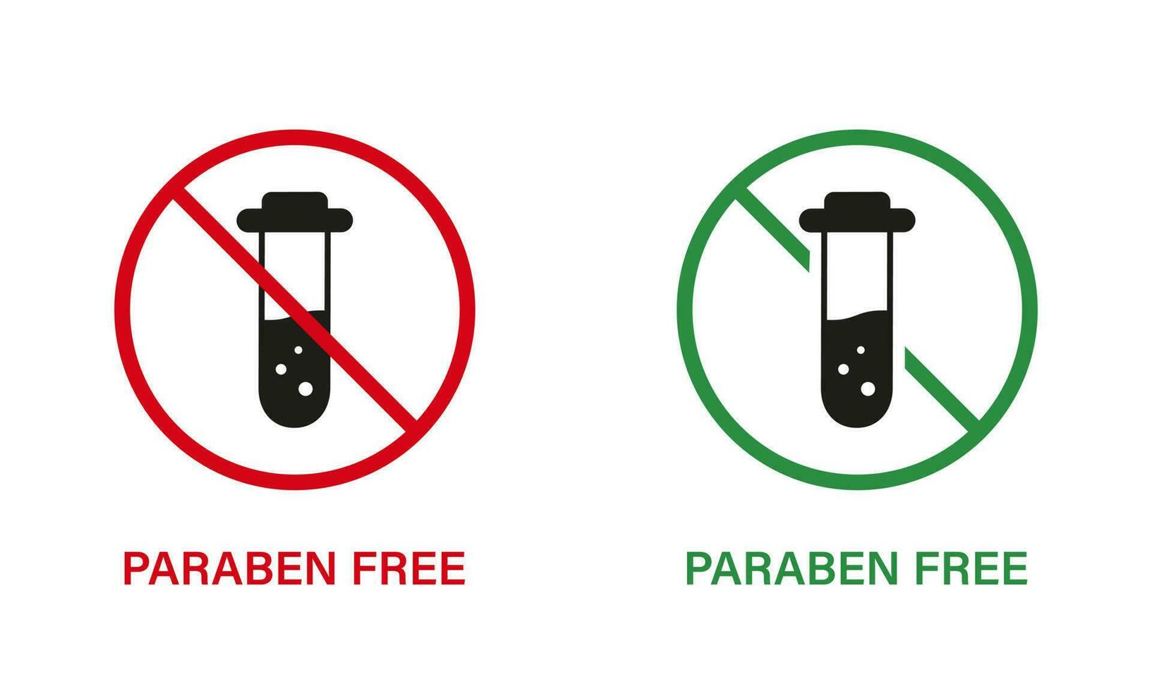 paraben fri med testa rör silhuett ikon uppsättning. förbjuden paraben i mat symbol. säkerhet eco organisk kosmetisk bio produkt. kemisk konserveringsmedel sluta tecken. Nej plast. vektor illustration.