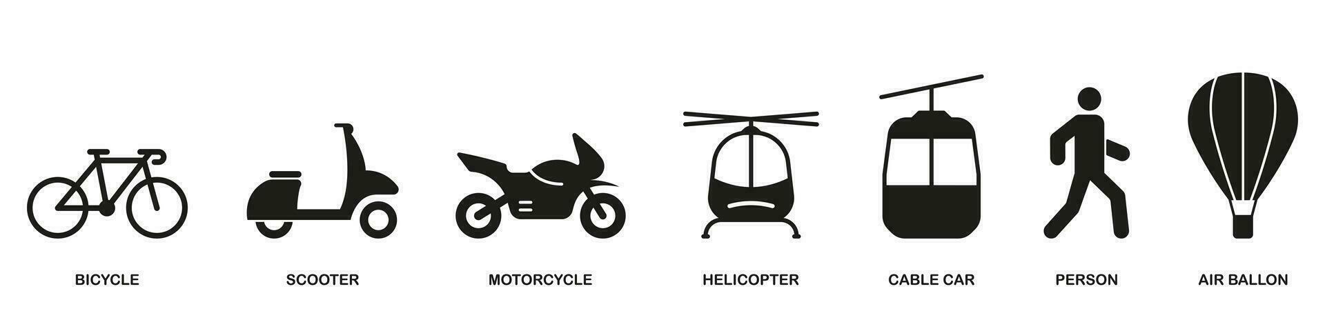 transport silhuett ikon uppsättning. trafik fast tecken. motorcykel, cykel, moped, skoter, kabel- bil, helikopter piktogram. leverans service fordon symbol samling. isolerat vektor illustration.