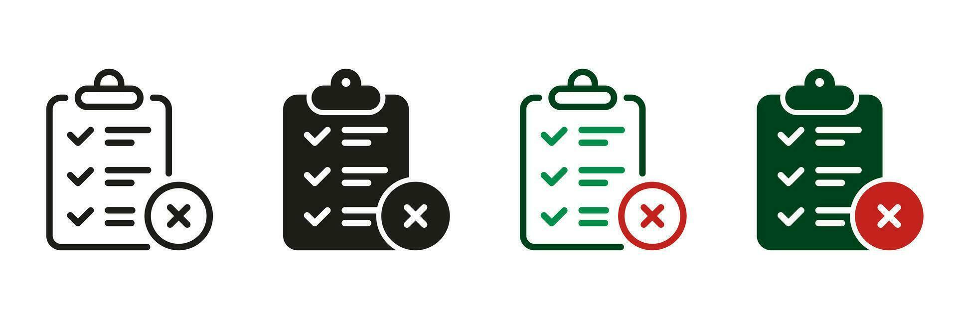 Urklipp med korsa, radera dokumentera linje och silhuett ikon uppsättning. avvisa avtal piktogram. fel checklista, ta bort data tecken. annullera kontrakt symbol samling. isolerat vektor illustration.