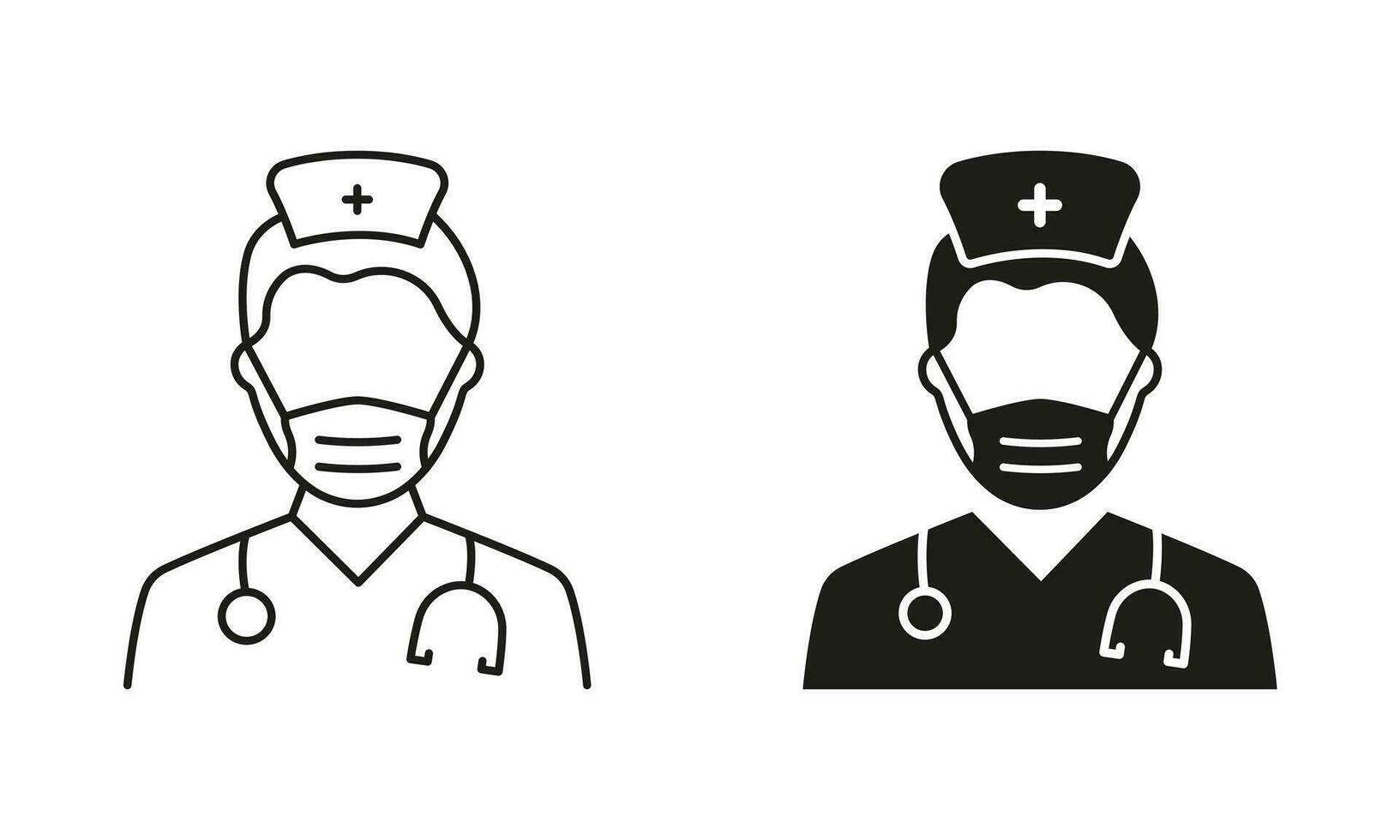 professionell läkare i ansikte mask med stetoskop linje och silhuett svart ikon uppsättning. medicinsk assistent, manlig physicians specialist symbol samling. isolerat vektor illustration.