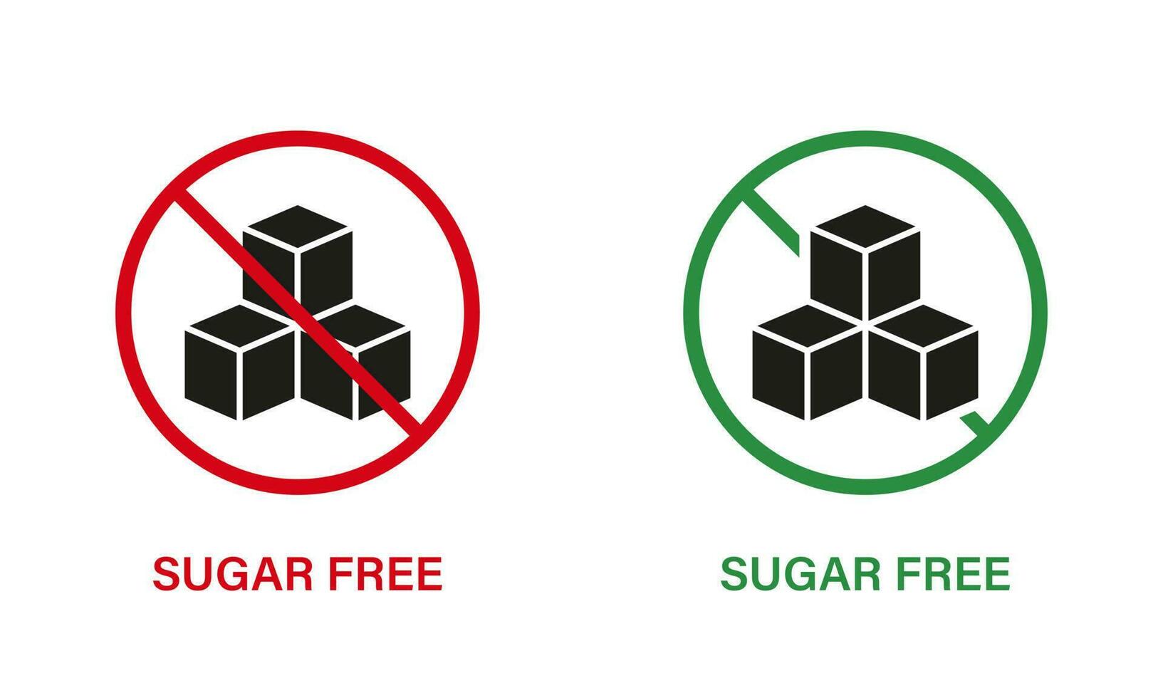 socker fri silhuett ikon uppsättning. mat Nej Lagt till socker med sluta tecken. glukos förbjuden symbol. noll glukos garanti logotyp. Nej socker för diabetiker produkt märka. isolerat vektor illustration.