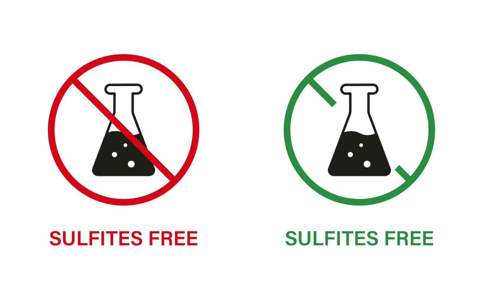 Produkt mit Nein Sulfate Silhouette Symbol Satz. Sulfite kostenlos halt unterzeichnen. Nein Sulfite Etikett. natürlich Zutaten, Verbot Sulfit Logo auf Weiß Hintergrund. isoliert Vektor Illustration.