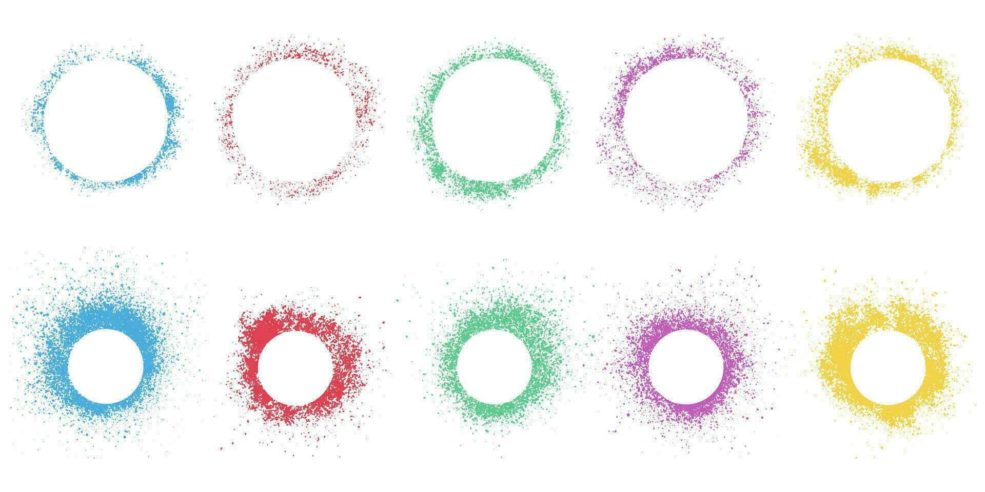 Rahmen einstellen im Kreis Form, Farbe Tinte Spritzer. sprühen Schablone Sammlung. schmutzig Grenze, Farbe Bürste Textur. leer runden Fleck. abstrakt Design Element. isoliert Vektor Illustration.