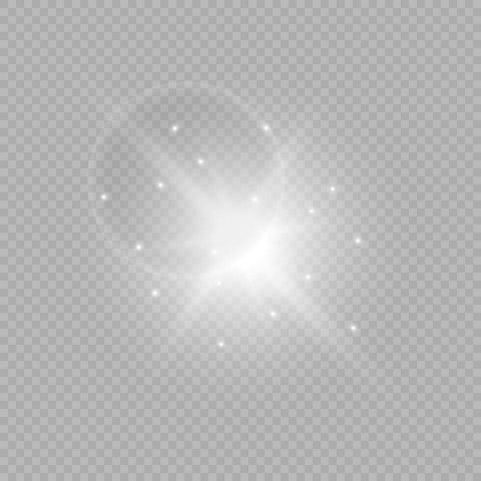 Licht bewirken von Linse Fackeln. Weiß glühend Beleuchtung Starburst Auswirkungen mit funkelt auf ein grau Hintergrund. Vektor Illustration