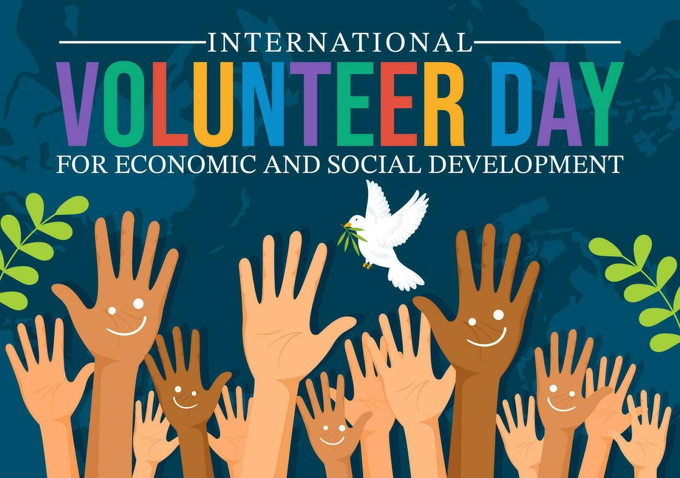 International Freiwillige Tag zum wirtschaftlich und Sozial Entwicklung Vektor Illustration auf Dezember 5 mit Hände und Tauben im eben Karikatur Hintergrund