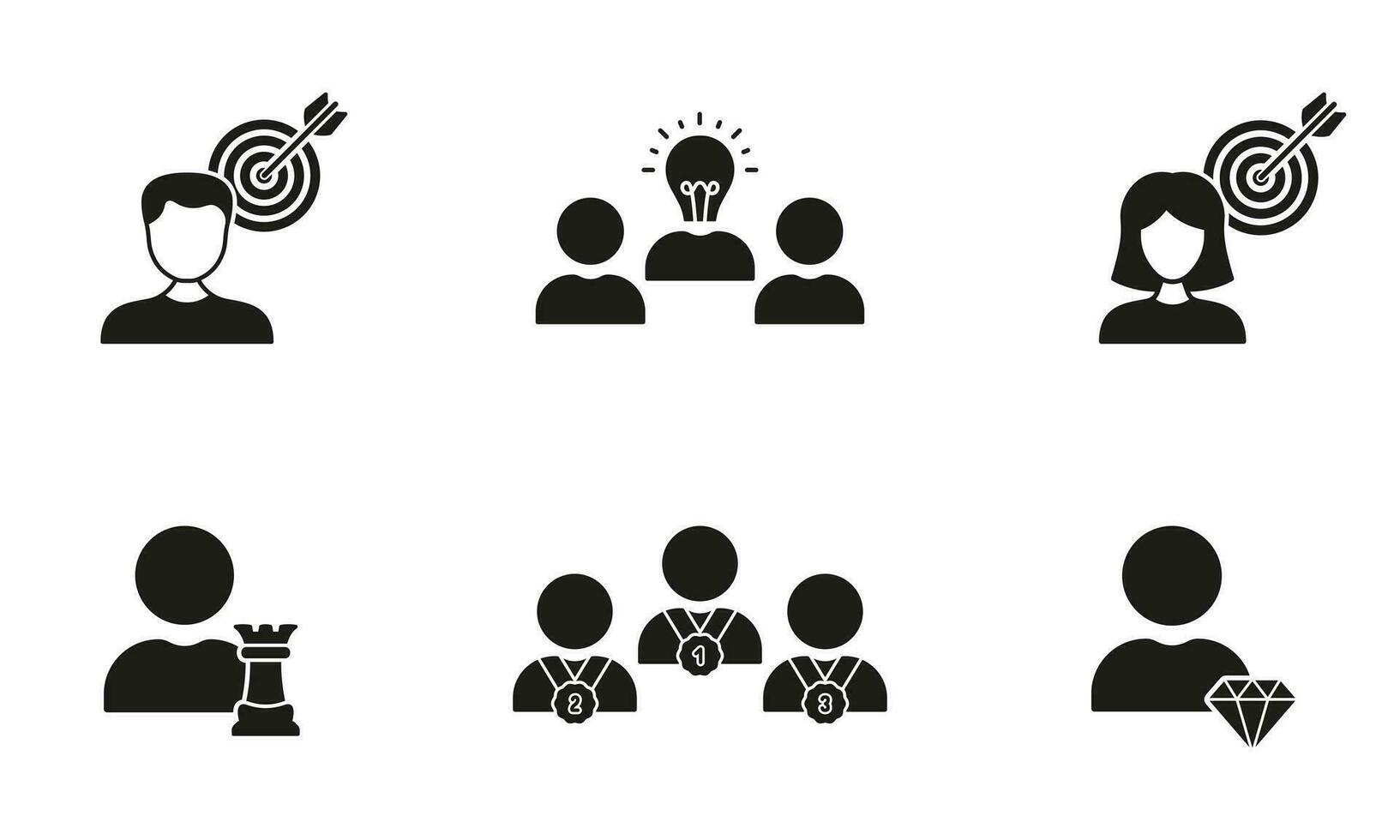 Objekt orientiert und strategisch Menschen Silhouette Symbole Satz. Geschäft Ziel Glyphe Piktogramm Sammlung. Führung solide unterzeichnen. Effizienz Zusammenarbeit Brainstorming Symbol. isoliert Vektor Illustration.