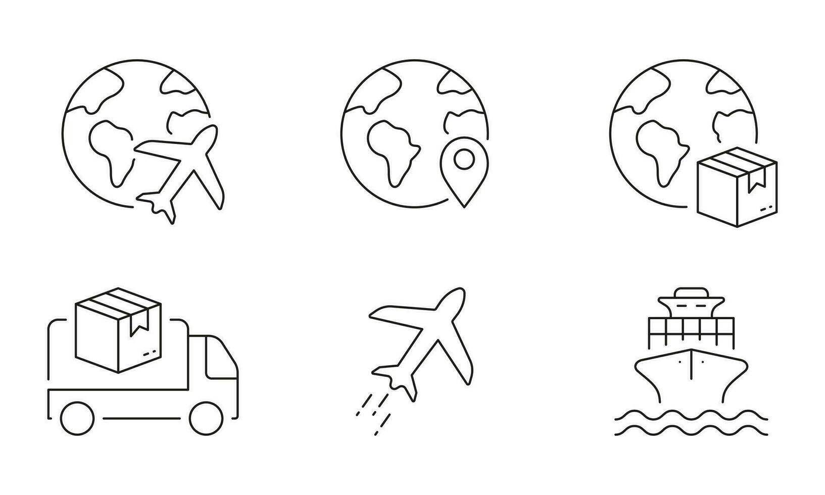 frakt transport linje ikon uppsättning. plan, lastbil, fartyg för internationell leverans service linjär piktogram. frakt sändning symbol. global exportera tecken. redigerbar stroke. isolerat vektor illustration.