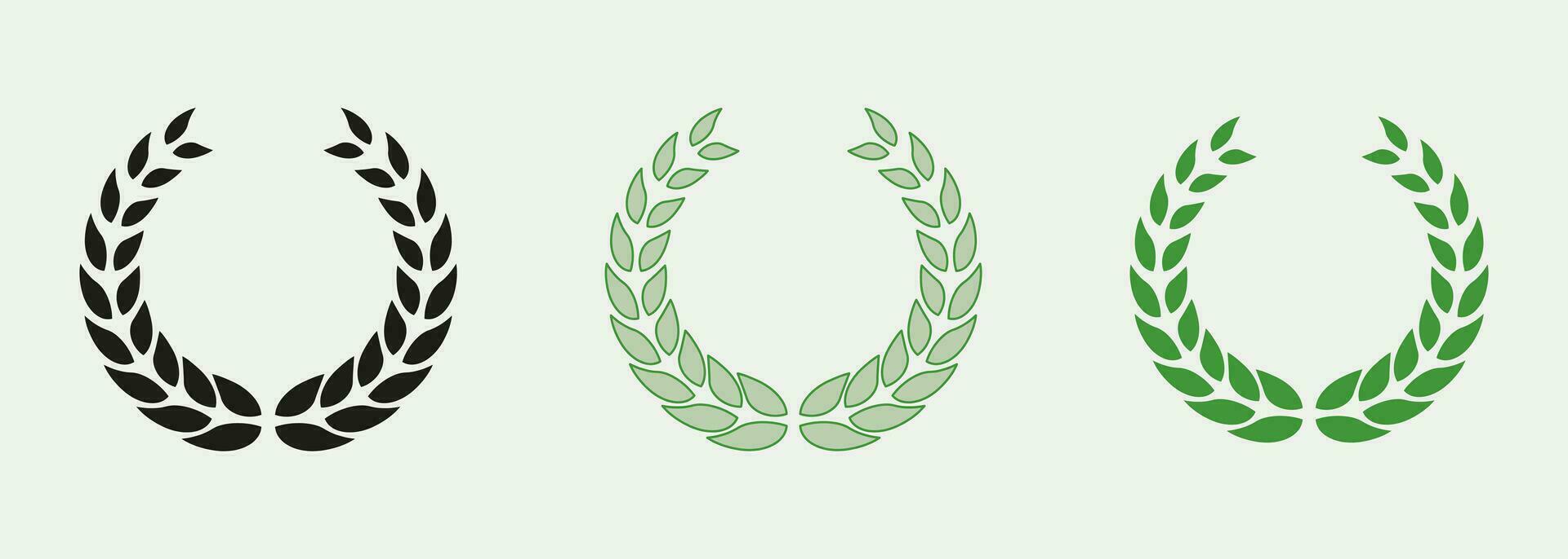 Lorbeer Kranz Farbe Symbol Satz. Gewinner vergeben Piktogramm. Kreis griechisch Olive Zweig, Grün Blatt Symbol Sammlung. runden Jahrgang folieren Sieg Emblem. isoliert Vektor Illustration.