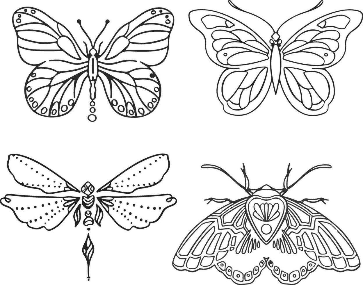 uppsättning av linjär fjärilar svartvit illustration vektor