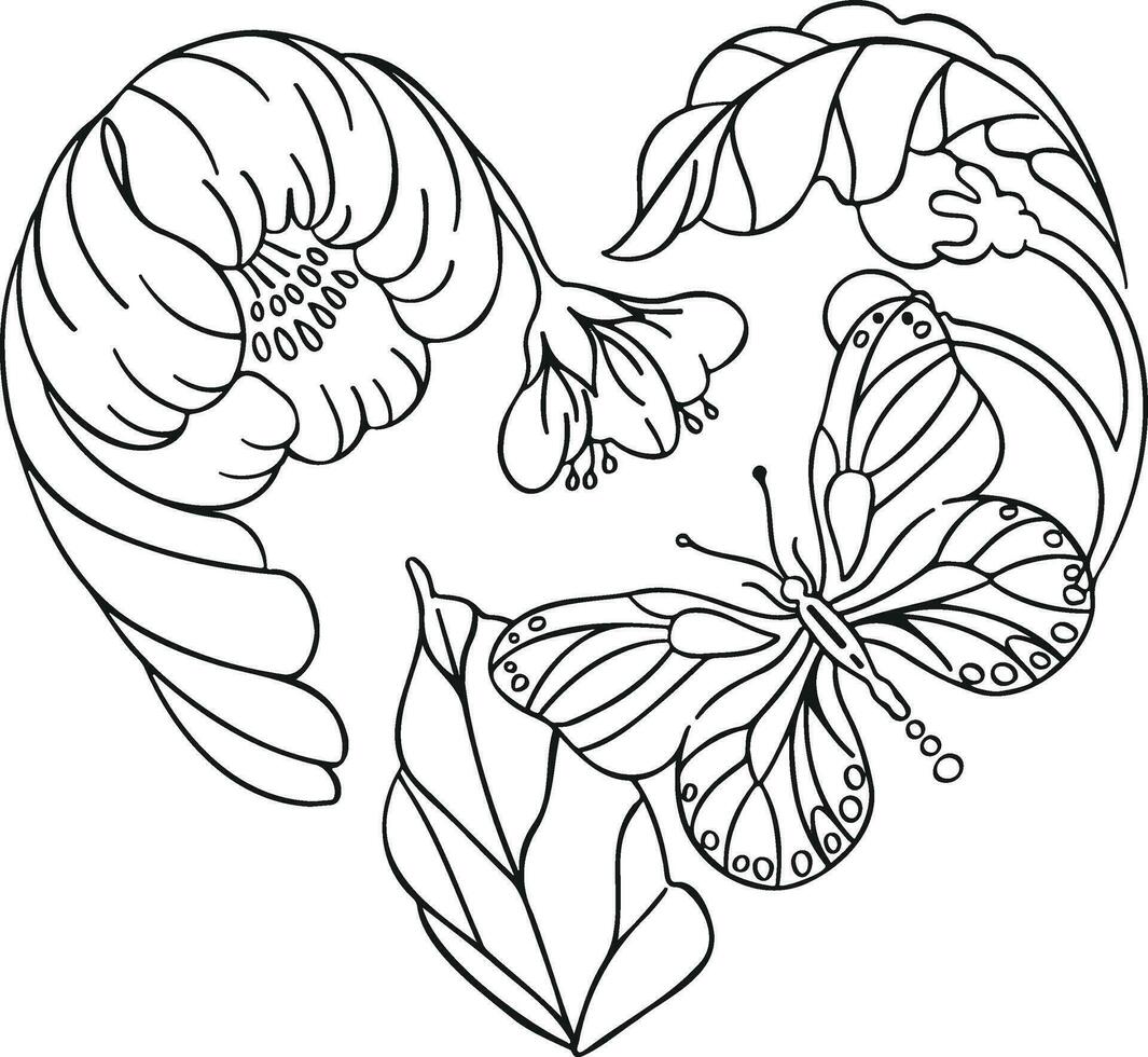 ethnisch Schmetterling im Herz Linie Hand gezeichnet Färbung Buch vektor