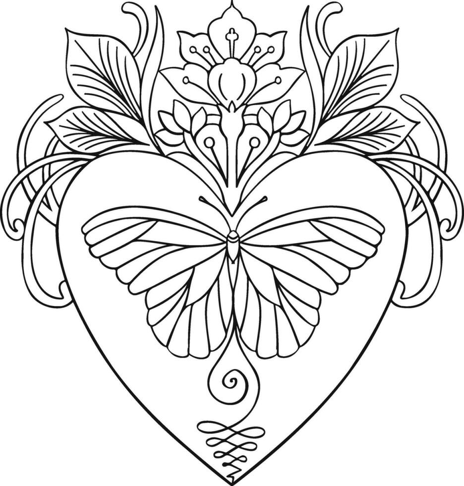 ethnisch Schmetterling im Herz Linie Hand gezeichnet Färbung Buch vektor