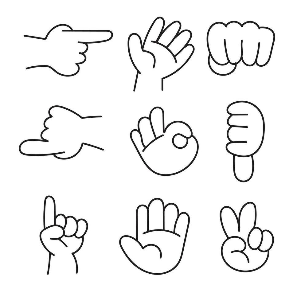 händer poserar. kvinna hand innehav och pekande gester, fingrar korsade, näve, fred och tumme upp. tecknad serie mänsklig palmer och handled vektor uppsättning. kommunikation eller talande med emoji för budbärare
