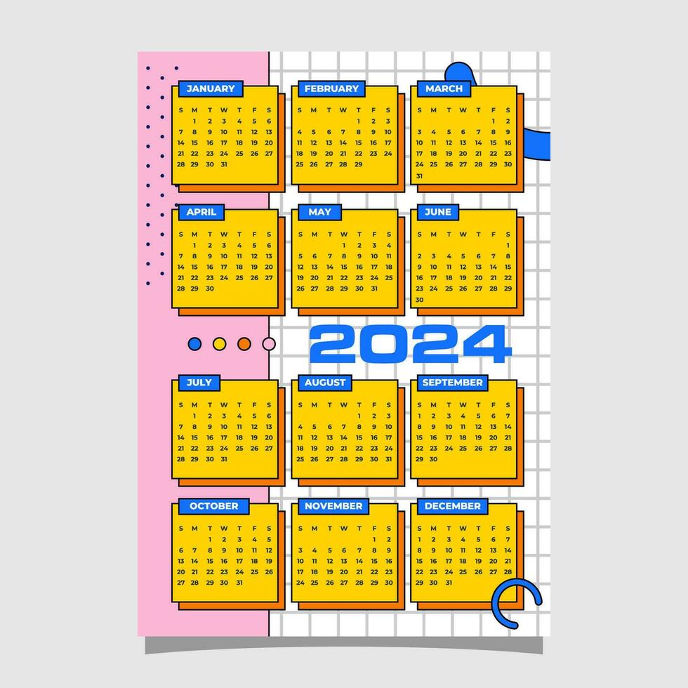 kalender 2024 memphis bakgrund design mall vektor