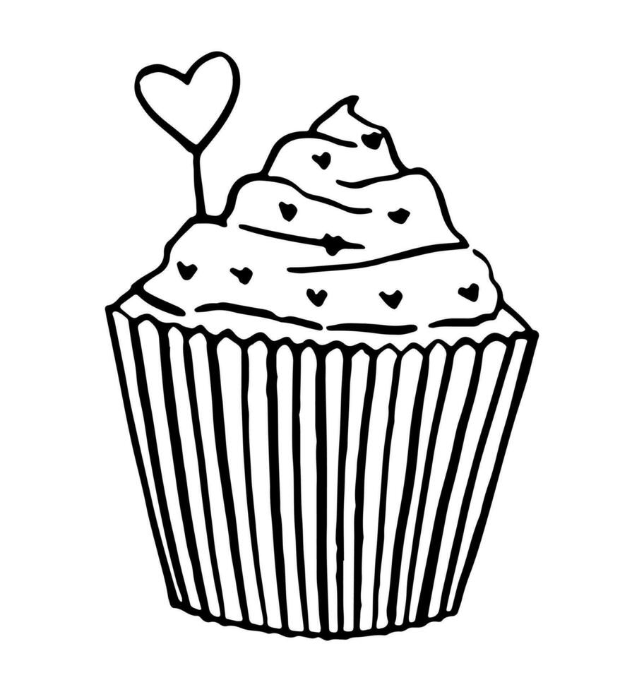 klotter av muffin dekorerad med hjärtan. hand dragen vektor illustration. enkel skiss isolerat på vit. söt kontur teckning för st valentine Semester design, skriva ut, vykort, klistermärke, dekor, affisch.