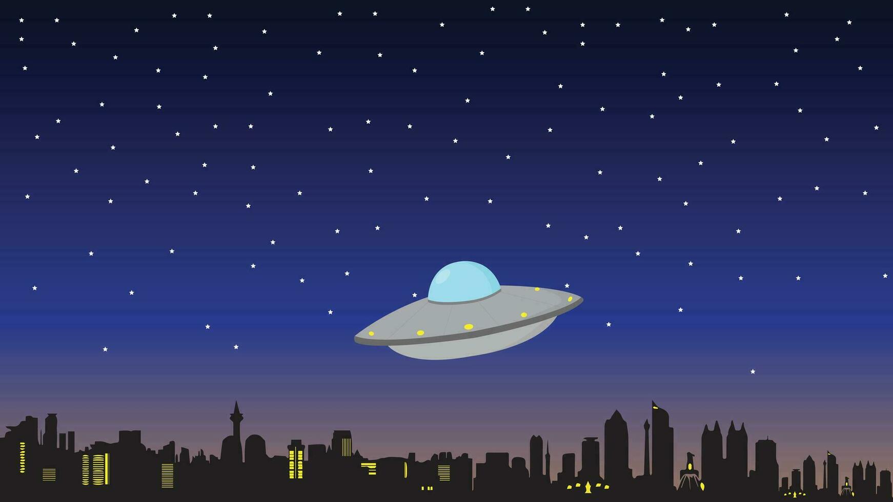 UFO Design Vorbeigehen Über das Stadt beim Nacht mit viele Sterne vektor