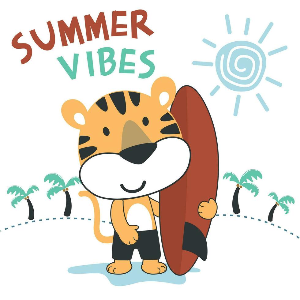 Vektor Illustration von süß wenig Tiger mit ein Surfbrett, komisch Hintergrund Karikatur Stil zum Kinder zum Kindergarten Design, Sommer- Sport T-Shirt drucken