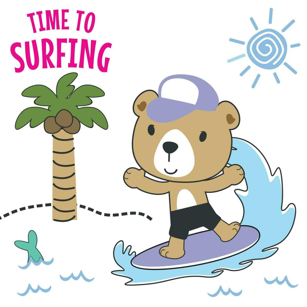 Surfen Zeit mit süß wenig Bär beim Sommer. können Sein benutzt zum T-Shirt Drucken, Kinder tragen Mode Entwürfe, Baby Dusche Einladung Karten und andere Dekoration. vektor