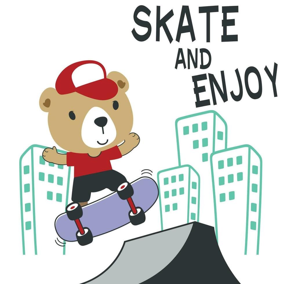 süß Karikatur Charakter Bär Skater. Vektor drucken mit süß Löwe auf ein Skateboard. können Sein benutzt zum T-Shirt drucken, Kinder tragen Mode Design, Stoff Textil, Kindergarten Hintergrund und andere Dekoration.