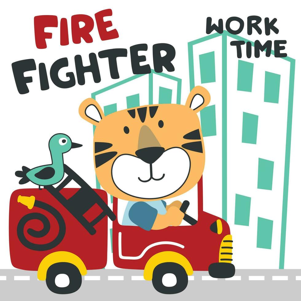 Vektor Illustration von komisch Tier Feuerwehrmann auf Feuer LKW. kreativ Vektor kindisch Hintergrund zum Stoff, Textil, Kindergarten Hintergrund, Karte, Poster und andere Dekoration