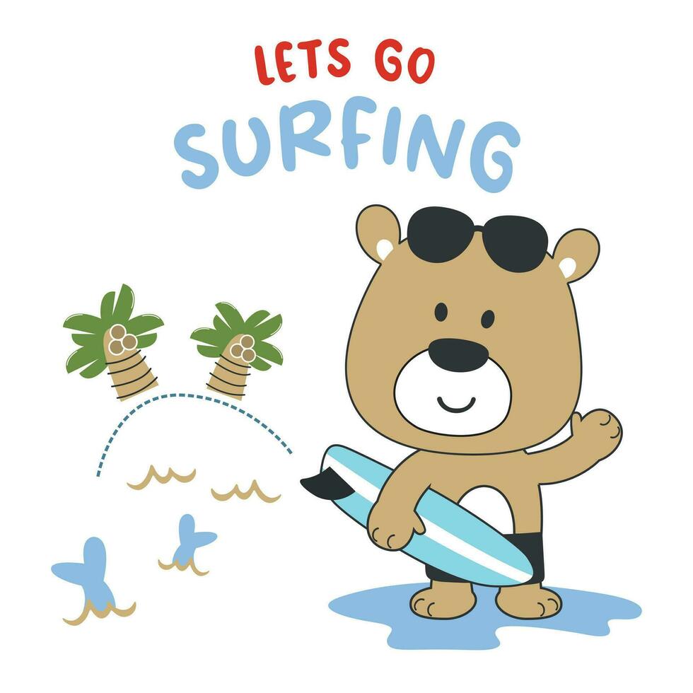 Vektor Illustration von süß wenig Tiger mit ein Surfbrett, komisch Hintergrund Karikatur Stil zum Kinder zum Kindergarten Design, Sommer- Sport T-Shirt drucken