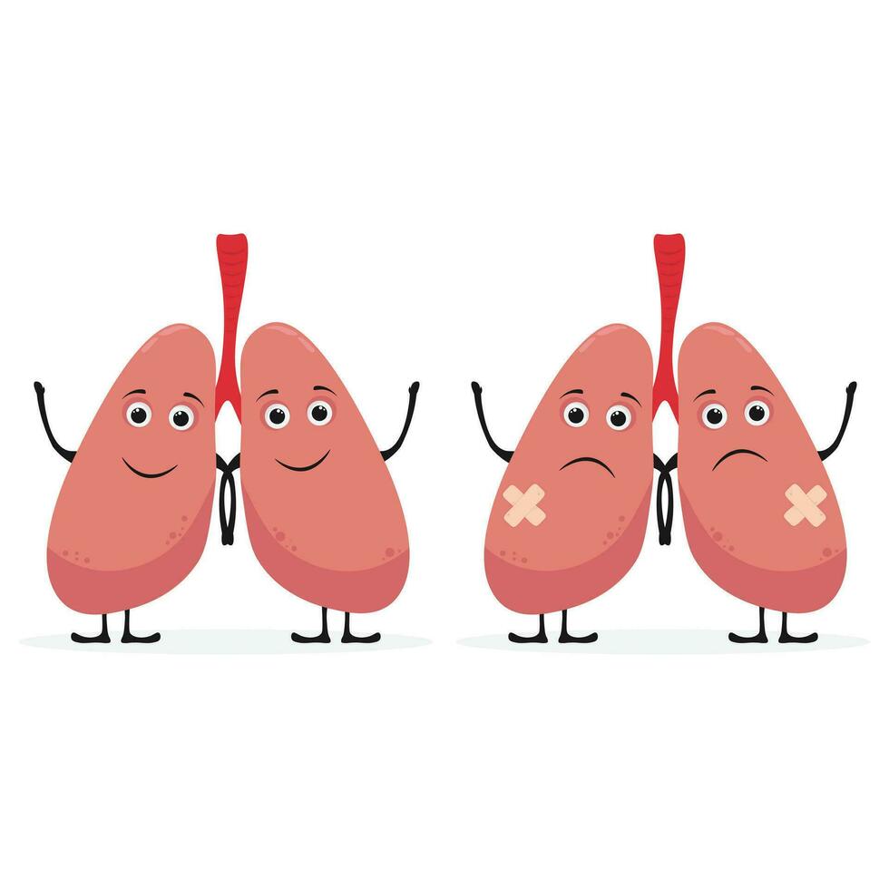 söt rolig mänsklig ohälsosam sjuk lungor sjukdom organ karaktär. vektor platt linje tecknad serie söt karaktär illustration ikon. isolerat på vit bakgrund. lungor organ karaktär begrepp