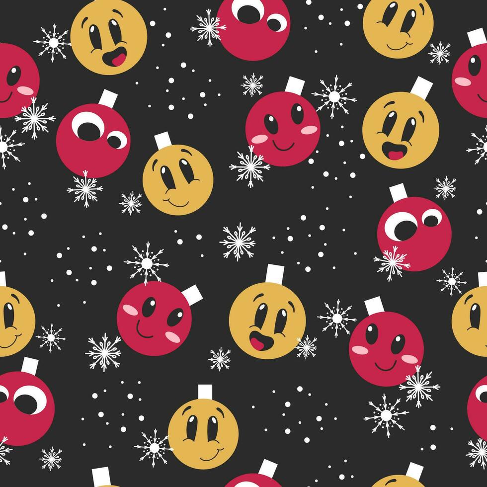 rolig sömlös vinter- mönster med leende jul bollar. hand dragen vektor illustration i röd och guld färger.