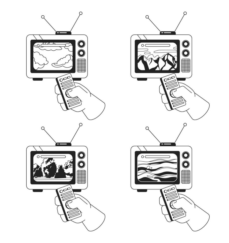 friedlich Landschaften retro Fernseher Aufpassen schwarz und Weiß 2d Illustration Konzepte Satz. Fernbedienung Kontrolle, verträumt Stimmung isoliert Karikatur Gliederung Charakter Hände Sammlung. Metaphern einfarbig Vektor Kunst