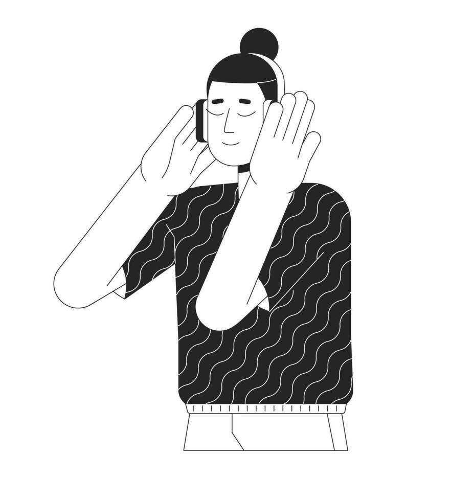 kylning hörlurar asiatisk man topp Knut svart och vit 2d linje tecknad serie karaktär. koreanska kille lyssnande till musik takter isolerat vektor översikt person. musik älskare enfärgad platt fläck illustration