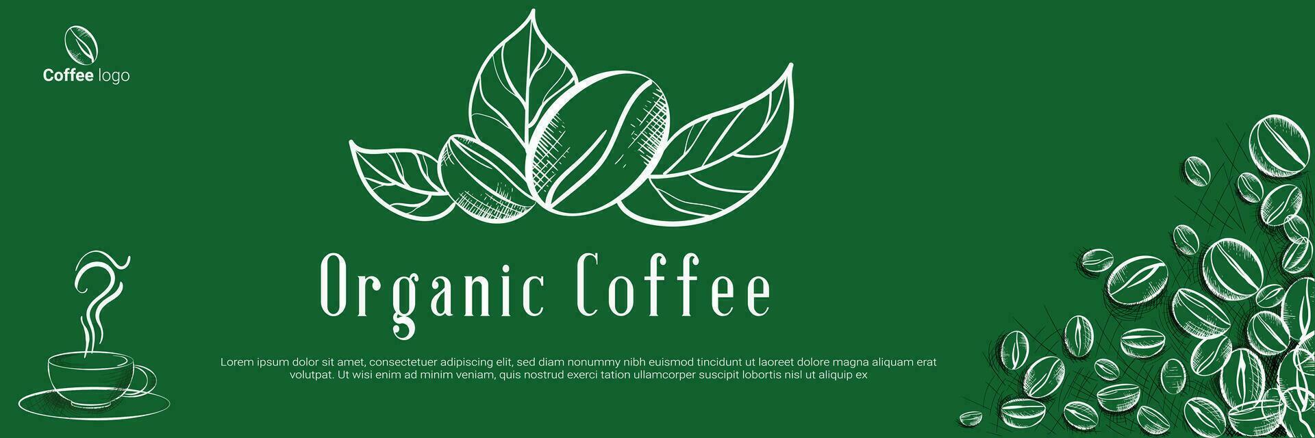Banner organisch Kaffee Design, Vorlage Design zum Kaffee Bräter Konzept, Bäckerei Banner zum Öko Geschäft und Markt, Blume Panorama- Hintergrund mit Vektor Kaffee Bohnen Illustration im Gravur Stil.