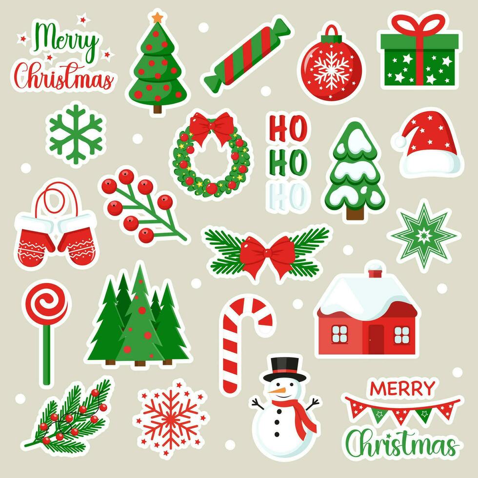 Weihnachten Aufkleber Sammlung. Weihnachten Dekorationen, Urlaub Geschenke, Süssigkeit, Kerzen, Stern, Bäume. Vektor Illustration.