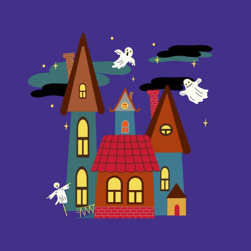 Nacht Karikatur Stadt, Märchen Häuser. Halloween Urlaub. Postkarte, Banner mit Geister. Vektor Illustration.