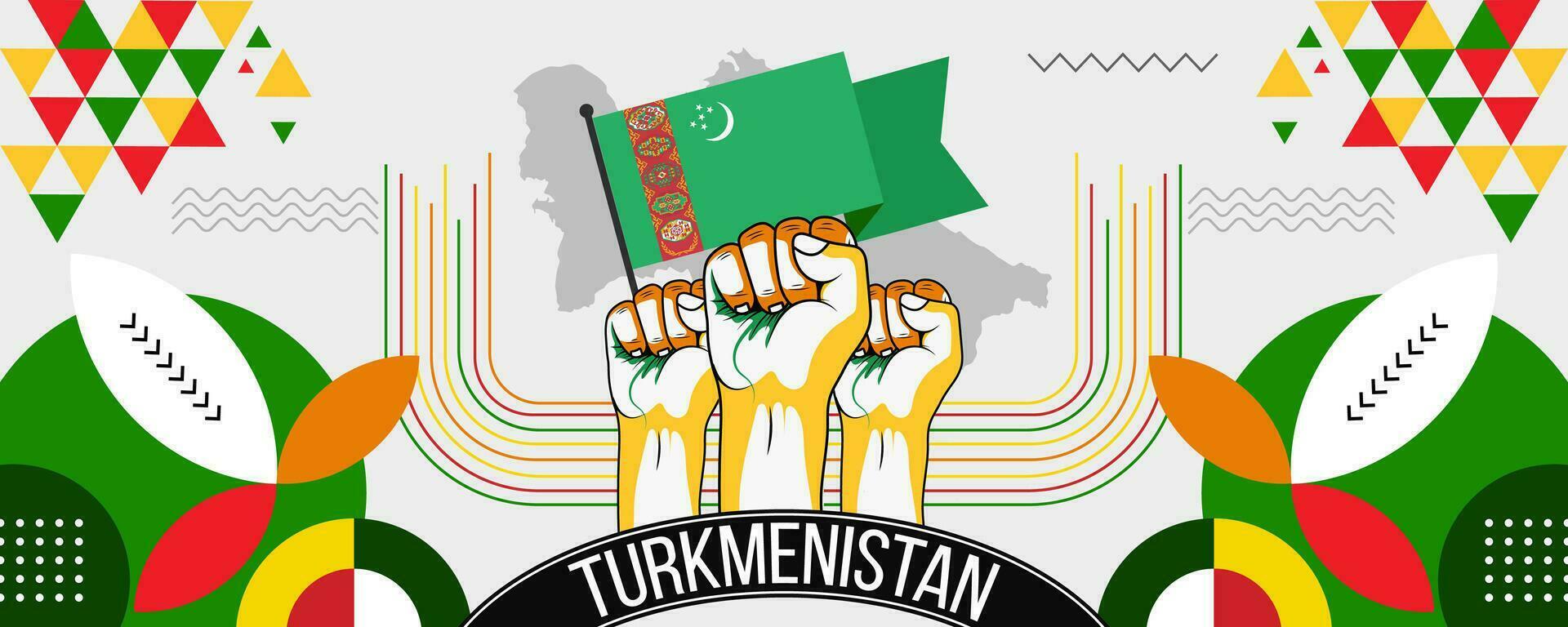 Turkmenistan National oder Unabhängigkeit Tag abstrakt Banner Design mit Flagge und Karte. Flagge Farbe Thema geometrisch Muster retro modern Illustration Design. Grün, rot und Gelb Farbe Vorlage. vektor