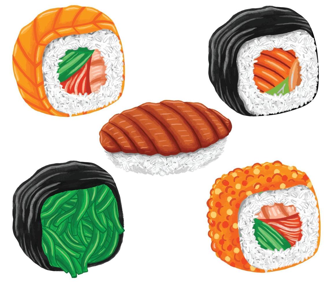 sushi japansk mat i platt designstil vektor