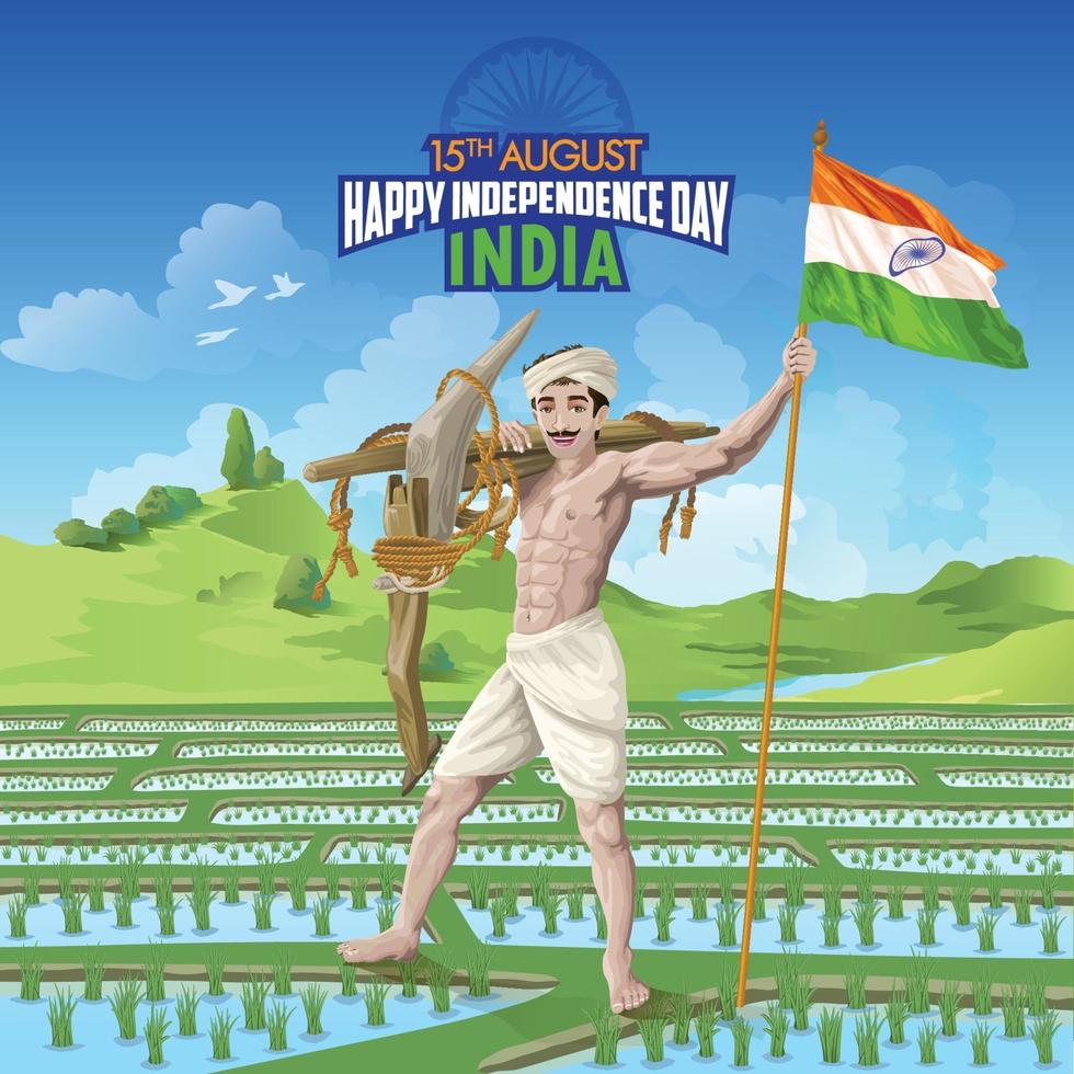 Indien självständighetsdagen önskar med bonde i risfält som håller flaggan vektor