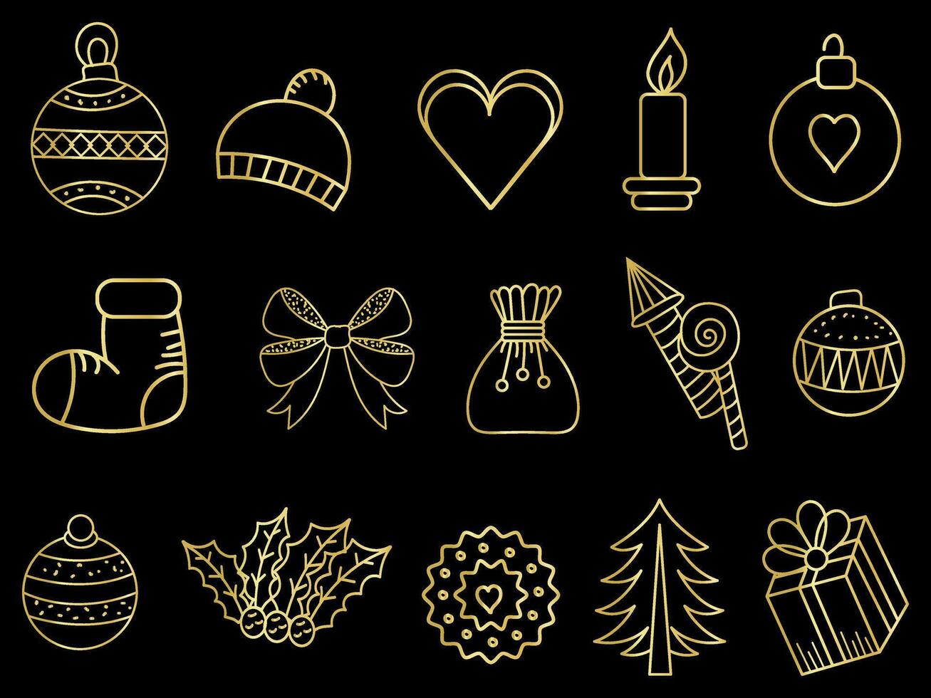 gyllene jul ornament uppsättning med bollar, snöflingor, hattar, stjärna, jul träd, orange, strumpa, gåva, dryck och girlanger. vektor