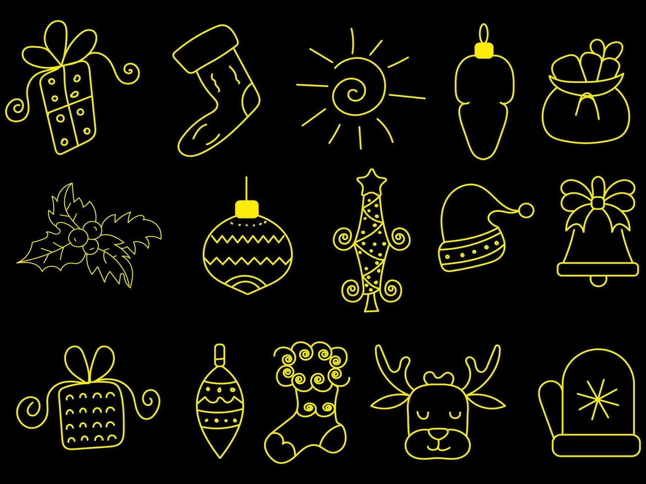 golden Weihnachten Ornamente einstellen mit Bälle, Schneeflocken, Hüte, Stern, Weihnachten Baum, orange, Socke, Geschenk, trinken und Girlanden. vektor