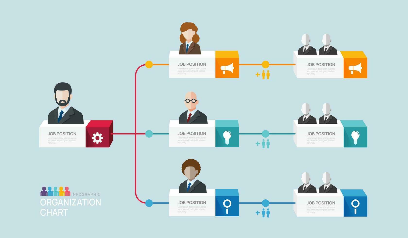 Infografik Vorlage zum Organisation Diagramm mit Geschäft Benutzerbild Symbole. Vektor Infografik zum Geschäft.