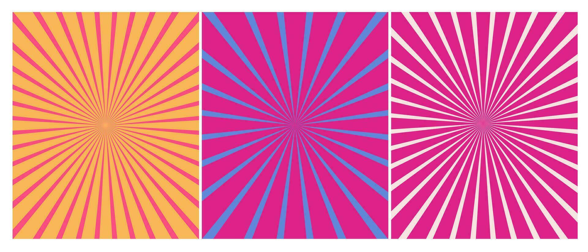 uppsättning av sunburst bakgrund i retro trendig rosa och blå färger, 60s 70s 80s abstrakt affisch vektor