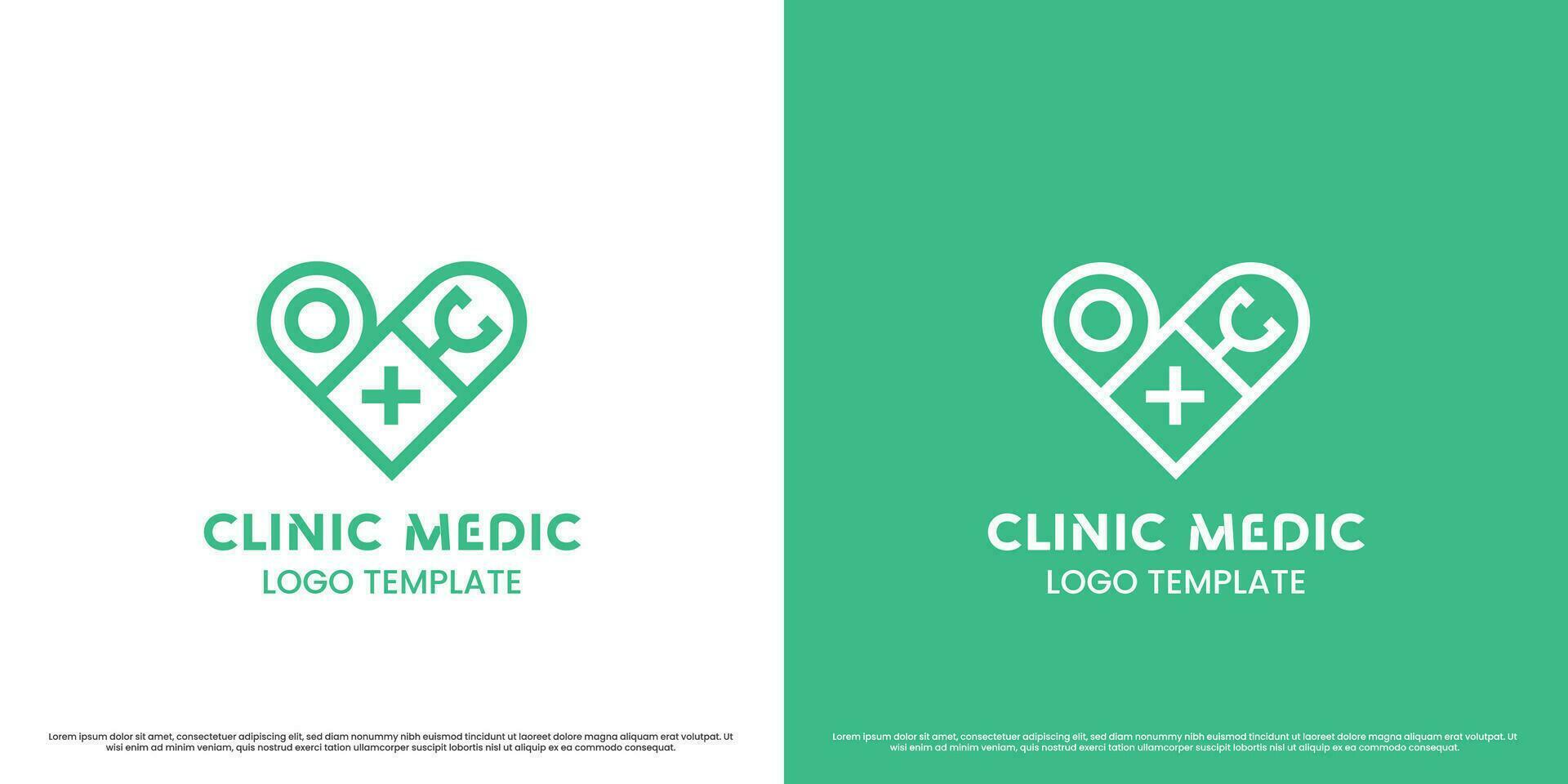 hjärta medicinsk klinik logotyp design illustration. platt silhuett plus stetoskop läkare punkt gps plats medicinsk hälsa medicin. enkel minimalistisk geometrisk linjär feminin maskulin allvarlig ikon. vektor