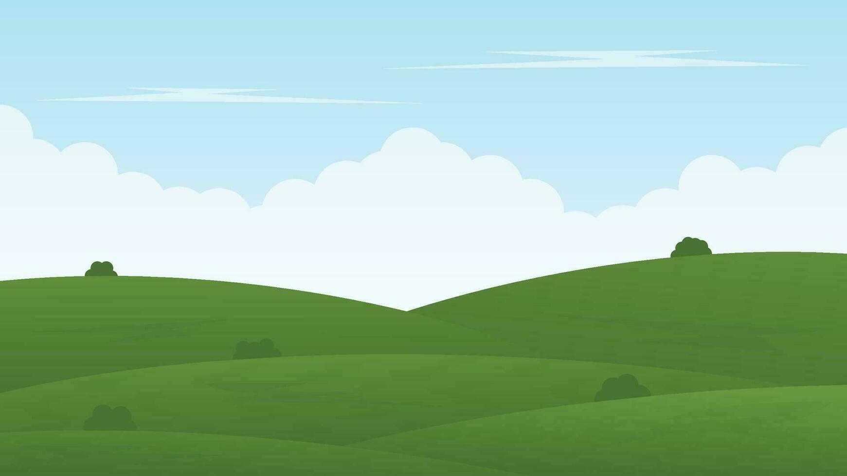 landskap tecknad scen med gröna kullar och vita moln i sommar blå himmel bakgrund vektor