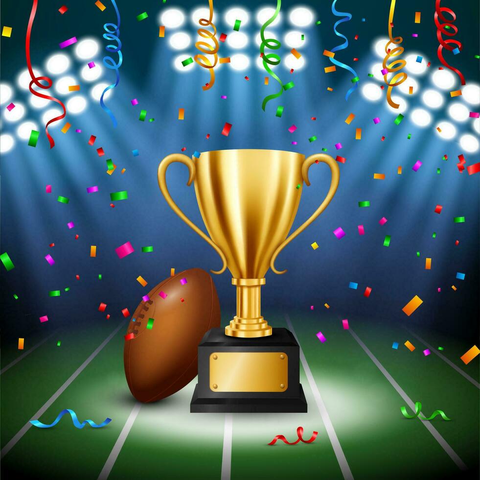 amerikanisch Fußball Meisterschaft mit golden Trophäe mit fallen Konfetti und beleuchtet Scheinwerfer, Vektor Illustration