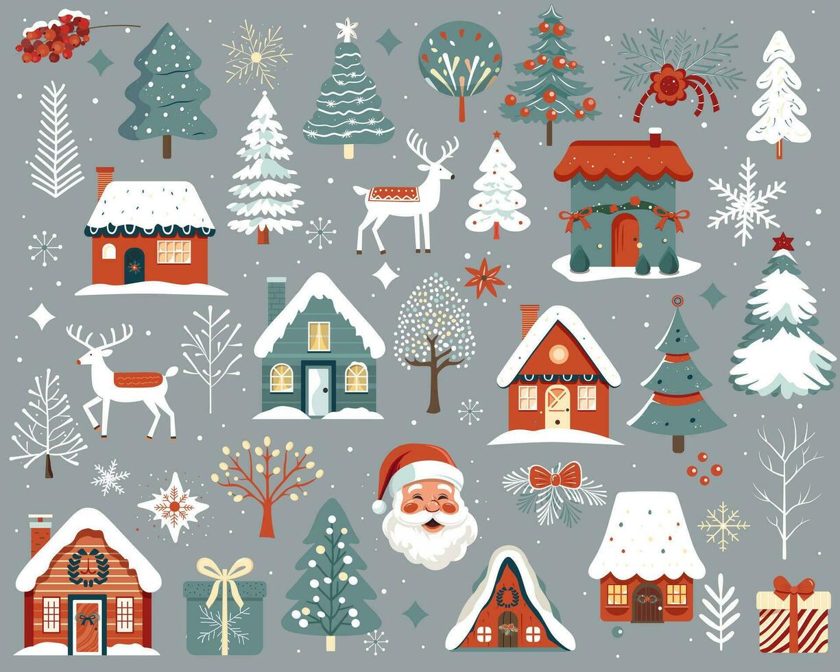 einstellen von Scandi Weihnachten Elemente. Hand gezeichnet Weihnachten Illustration, süß Häuser, Bäume, Reh, Santa Klaus. vektor