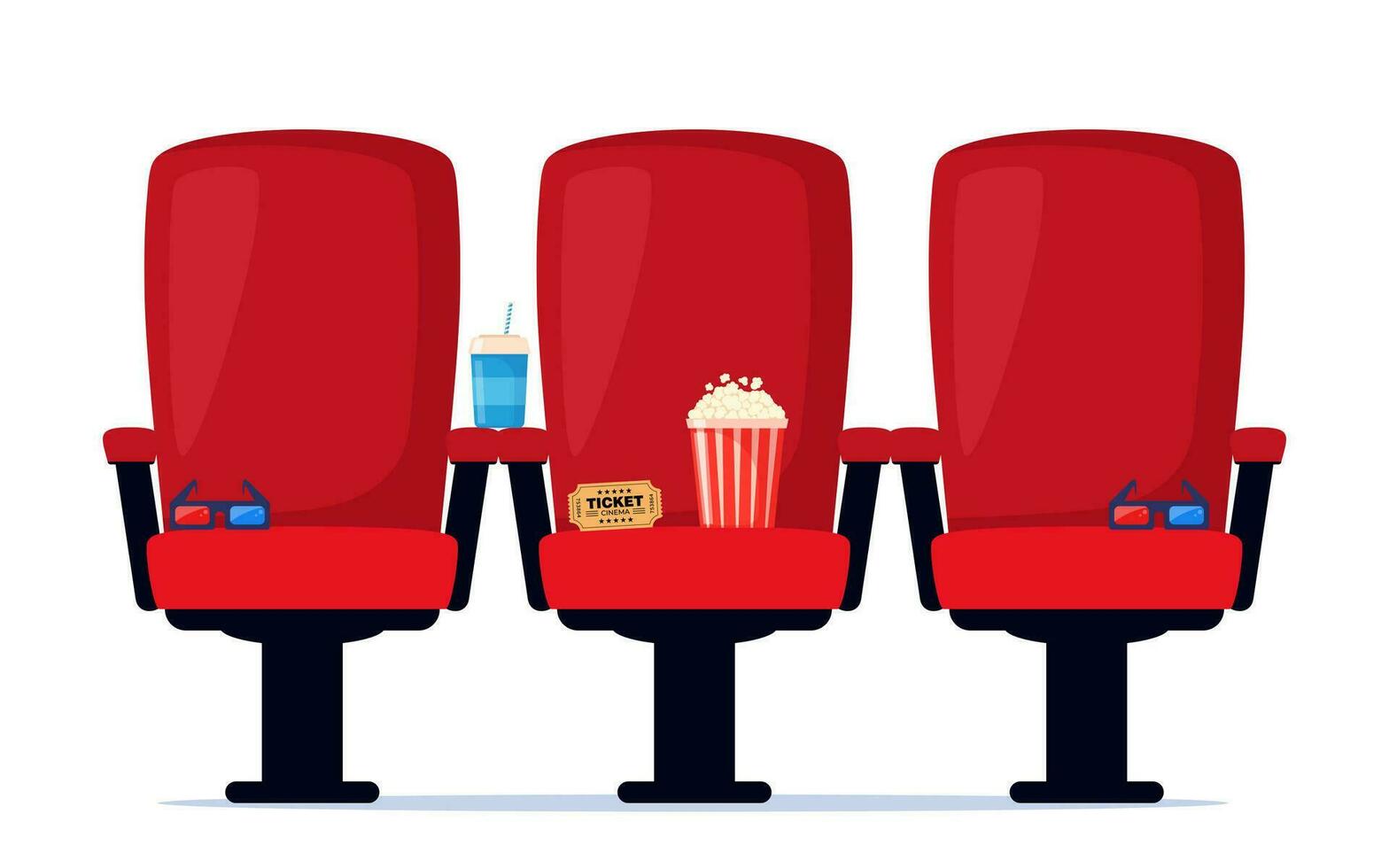 rot Kino Sessel mit Limonade, Popcorn und 3d Brille. Kino Poster, Banner Design zum Film Theater. Vektor Illustration.