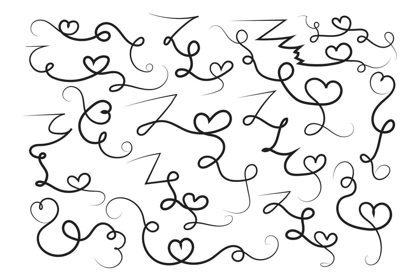 filigran lockigt calligraphic hjärta, fint linje krusidullar virvlar hjärtan, kurva romantisk kärlek tecken, valentines dag delare frodas virvla runt, kalligrafi frodas text rubrik hjärtan skrolla vektor