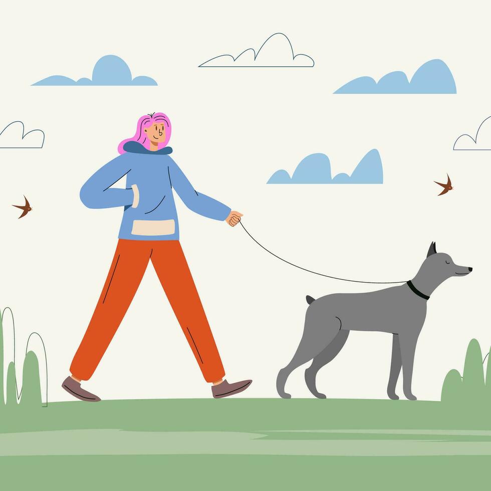 kvinna promenad hund på natur eller parkera landskap vektor