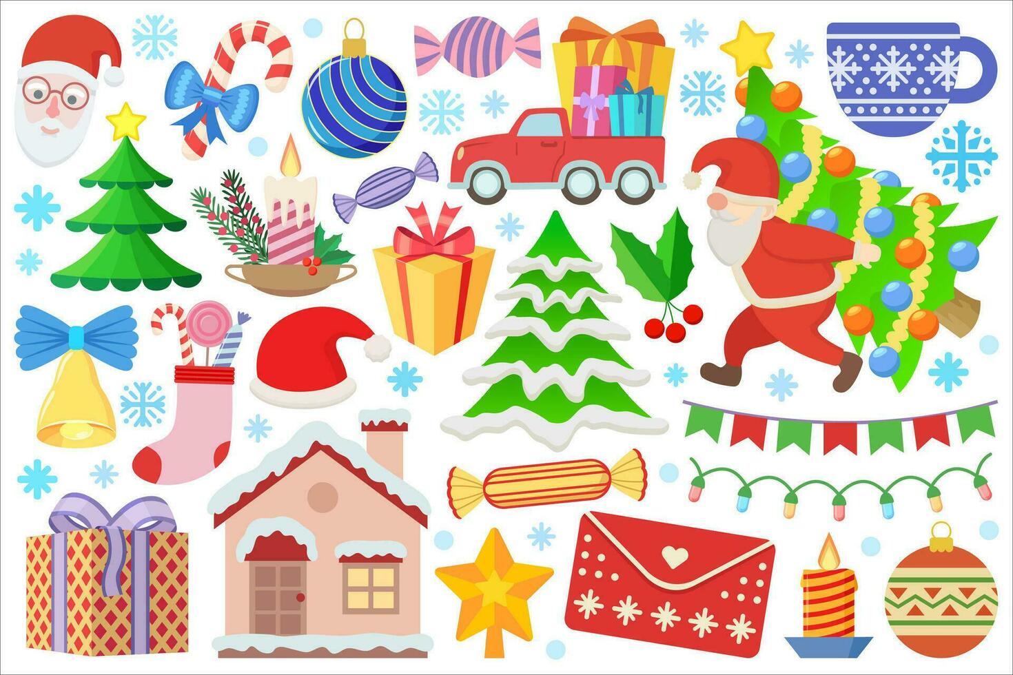 vektor uppsättning av jul helgdag ikoner och ny år illustrationer. samling av jul dekorativ design element, klotter, tecknad serie, klippbok illustrationer.