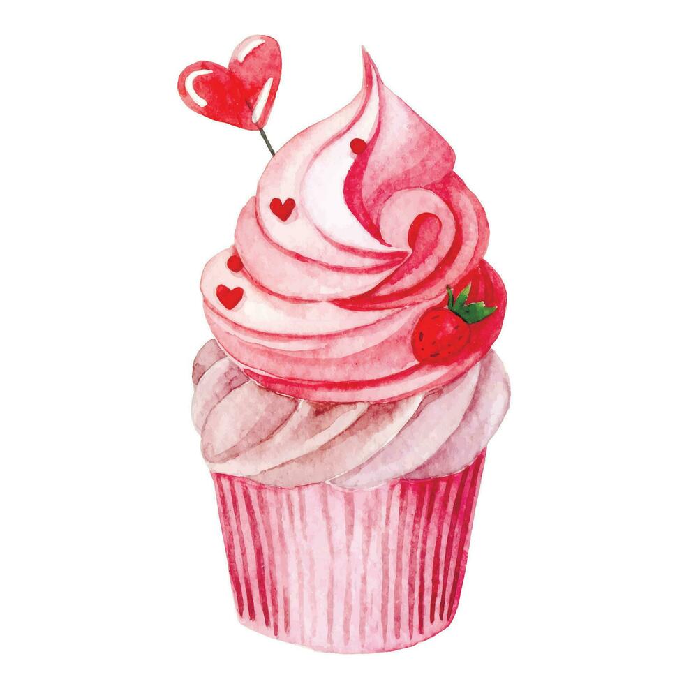 Aquarell Zeichnung, süß Cupcake mit Rosa Sahne und Herz. Illustration zum Valentinstag Tag. vektor
