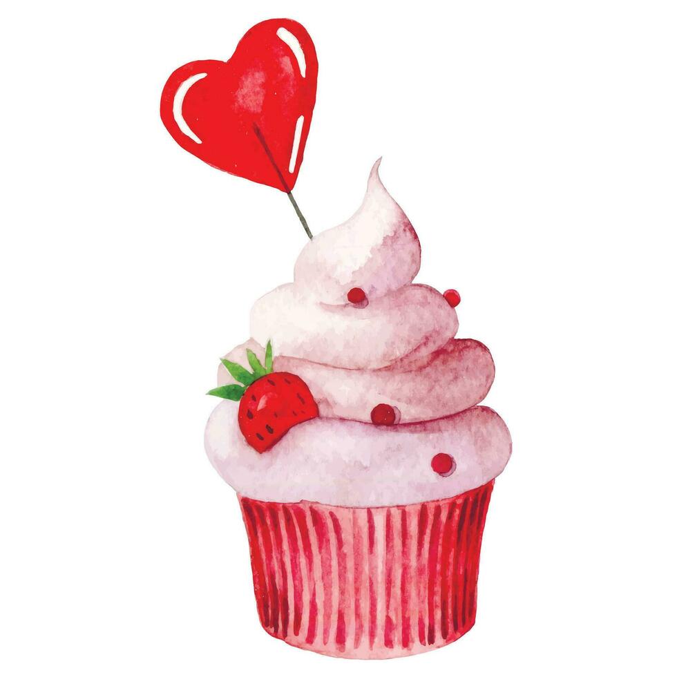 Aquarell Zeichnung, süß Cupcake mit Rosa Sahne und Herz. Illustration zum Valentinstag Tag. vektor