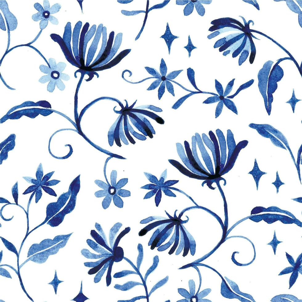 vattenfärg sömlös mönster med fantastisk blå blommor på en vit bakgrund, prydnad vektor